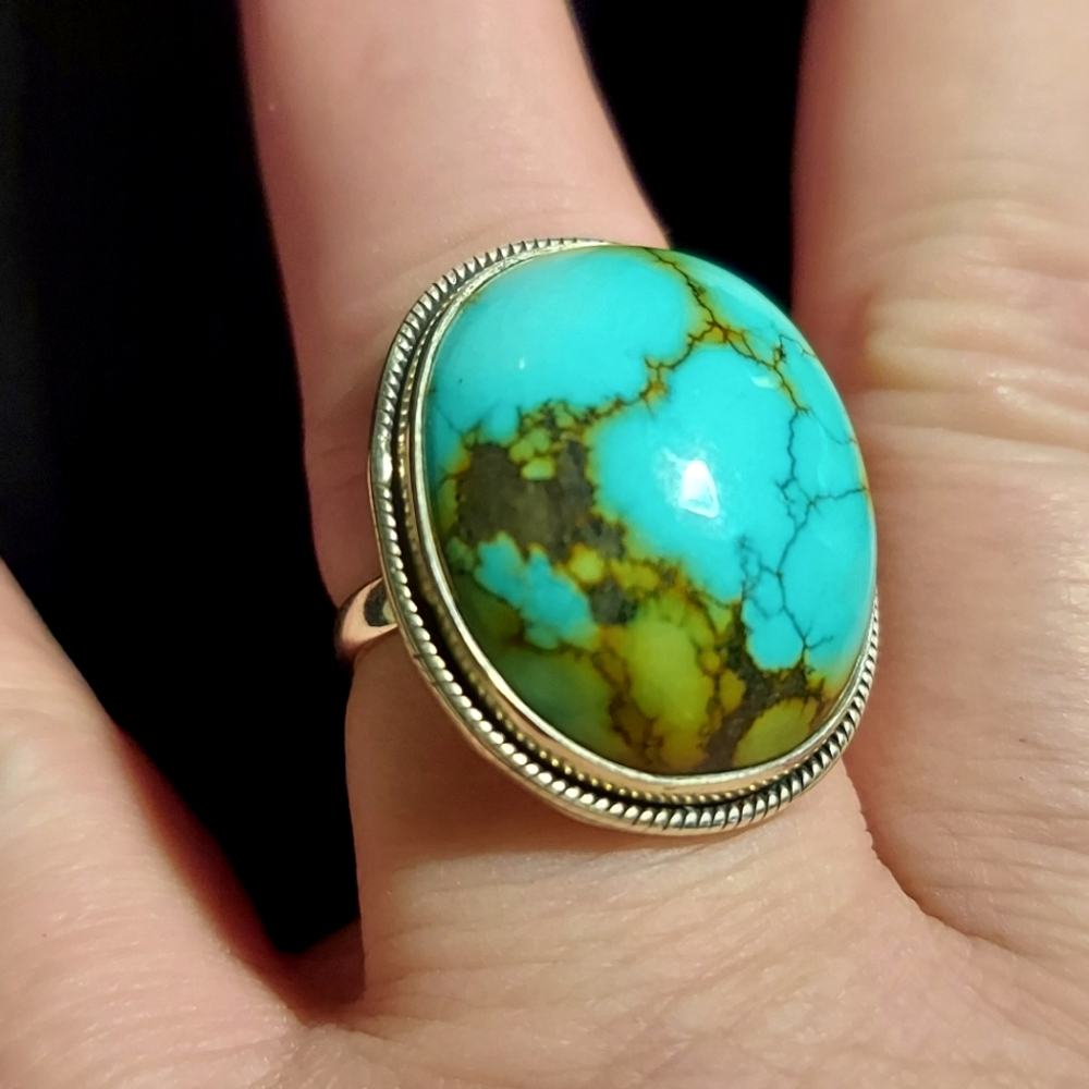 Natural Tibetan Turquiose Single Stone Ring Sterling Silver Size 9